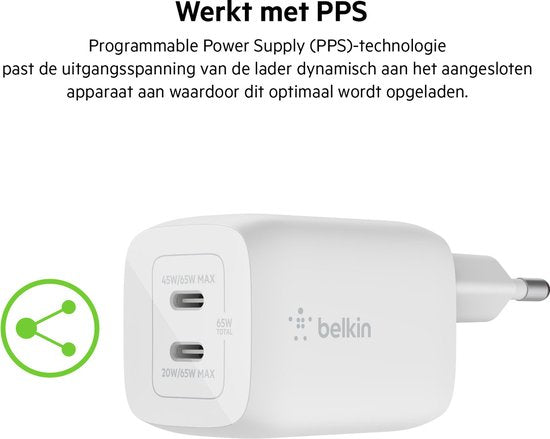 Belkin Boost-Up Charge Pro adapter - 2-poorts USB-C 65W - Wit