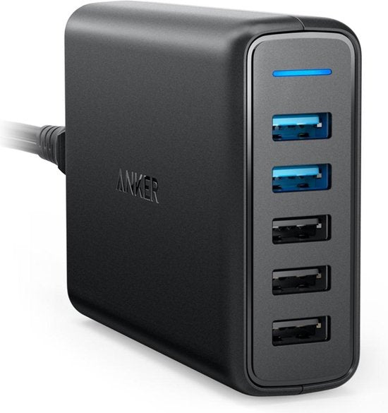 Anker PowerPort Speed wandoplader - 5 poorten met 2× Quick Charge - 63 W - Zwart