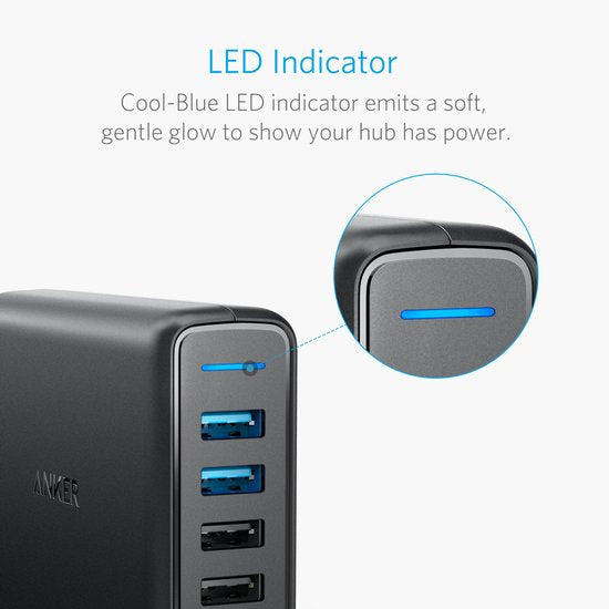 Anker PowerPort Speed wandoplader - 5 poorten met 2× Quick Charge - 63 W - Zwart