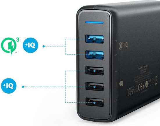 Anker PowerPort Speed wandoplader - 5 poorten met 2× Quick Charge - 63 W - Zwart