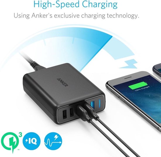 Anker PowerPort Speed wandoplader - 5 poorten met 2× Quick Charge - 63 W - Zwart
