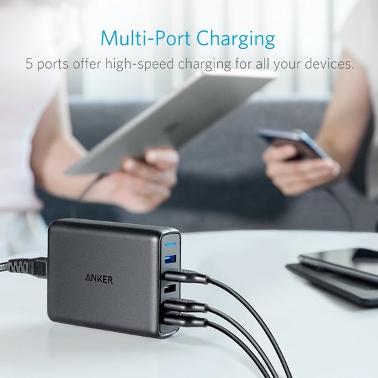 Anker PowerPort Speed wandoplader - 5 poorten met 2× Quick Charge - 63 W - Zwart