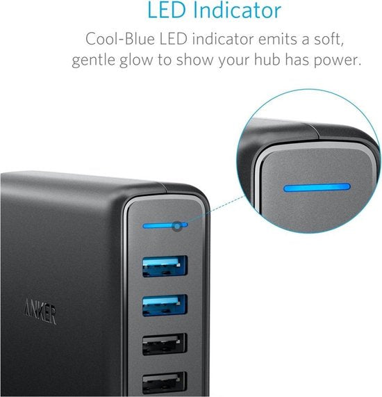 Anker PowerPort Speed wandoplader - 5 poorten met 2× Quick Charge - 63 W - Zwart