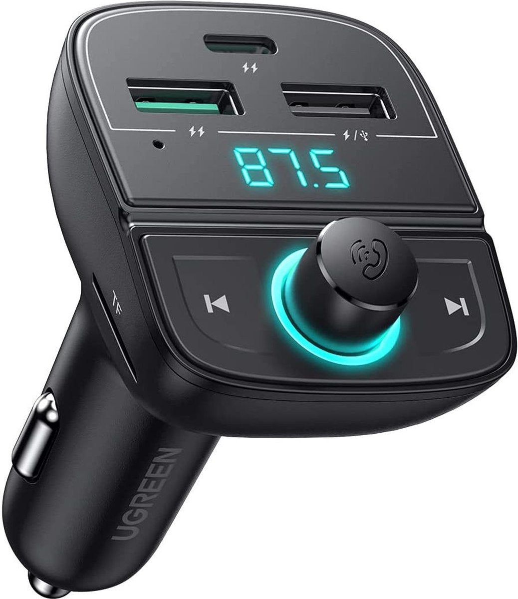 UGREEN Bluetooth 5.0 Muziek FM Transmitter en Autolader met 1x USB-C & 2x USB-A - Zwart