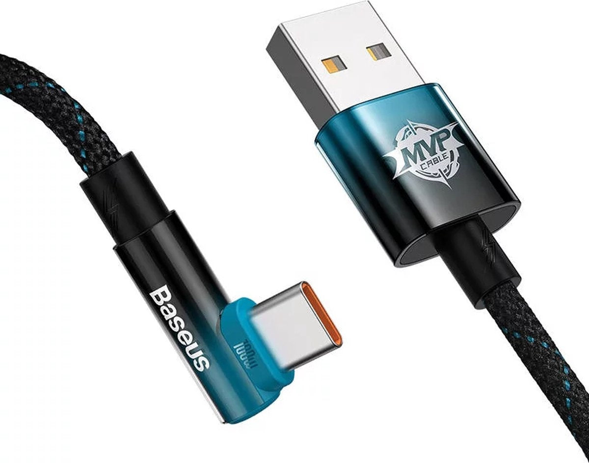 Baseus MVP 2 Haakse Snellaadkabel USB naar USB-C 100W 1 meter - Zwart/Blauw