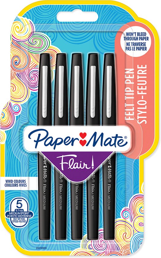 Paper Mate Flair viltstiften - medium punt 0,7 mm - Zwart - 5 stuks