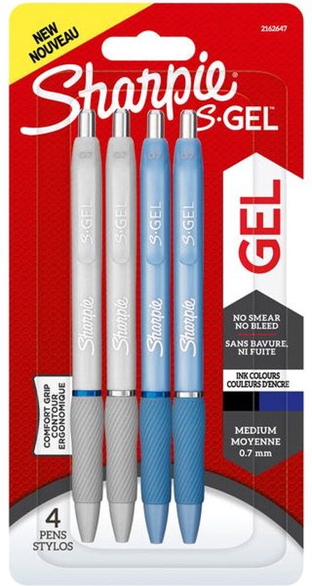 Sharpie S-Gel gelpennen set van 4 - mediumpunt 0,7 mm - zwarte en blauwe inkt - IJsblauwe en parelwitte behuizing