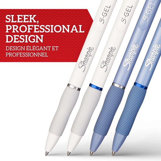 Sharpie S-Gel gelpennen set van 4 - mediumpunt 0,7 mm - zwarte en blauwe inkt - IJsblauwe en parelwitte behuizing