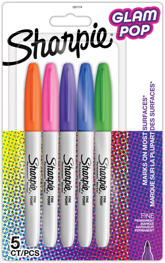 Sharpie Glam Pop permanent markers set van 5 - fijne punt - verschillende kleuren