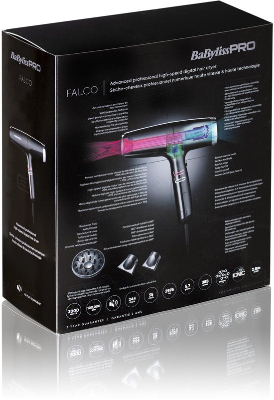 BaBylissPRO Falco föhn - 2000 W high-speed digitale motor - 244 km/h - 70 dB - 388 g - inclusief diffuser en opzetstukken