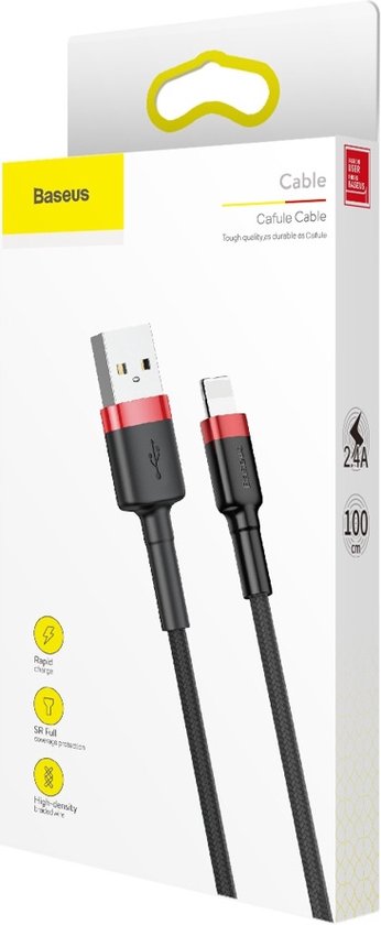 Baseus - Universele USB naar Lightning kabel - Geschikt voor o.a. Apple/iPhone en andere apparaten - 1 Meter - 2.5A - Zwart/Rood