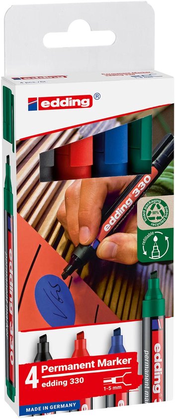 Edding 330 permanent marker set of 4 - chisel tip 1-5 mm - Black, Red, Blue, Green
