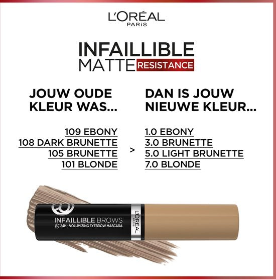 L'Oréal Paris Infaillible wenkbrauwmascara - langhoudend tot 24 uur - vegan - 7.0 Blonde - 5 ml