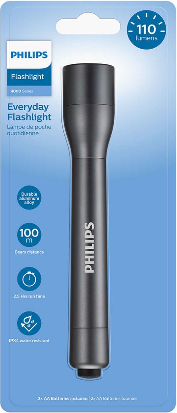 Philips SFL4002T/10 zaklamp - LED 110 lumen IPX4 inclusief 2 AA batterijen - Zwart