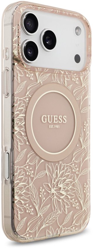 Guess IML Flowers Allover hoesje - geschikt voor iPhone 17 Pro Max - MagSafe compatibel met koord - Roze
