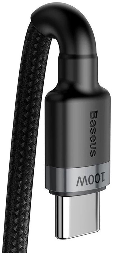 Baseus Cafule USB C Kabel naar USB C 2 meter zwart grijs - 5A - 100W - PD2.0 Power Delivery - QC3.0 Quick Charge - gewoven - velcro bandje