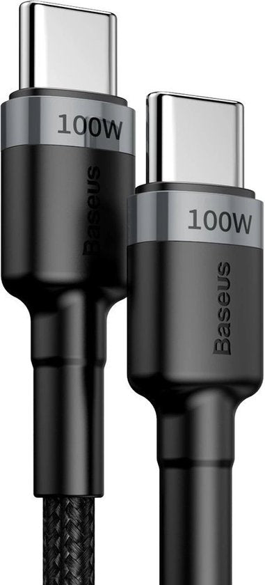 Baseus Cafule USB C Kabel naar USB C 2 meter zwart grijs - 5A - 100W - PD2.0 Power Delivery - QC3.0 Quick Charge - gewoven - velcro bandje