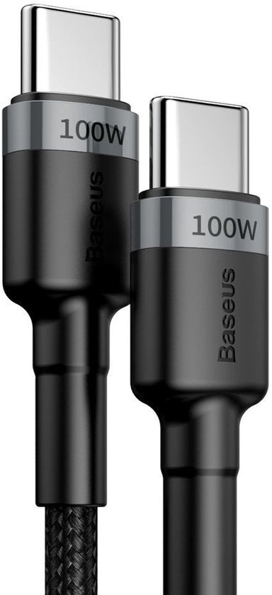 Baseus Cafule USB C Kabel naar USB C 2 meter zwart grijs - 5A - 100W - PD2.0 Power Delivery - QC3.0 Quick Charge - gewoven - velcro bandje