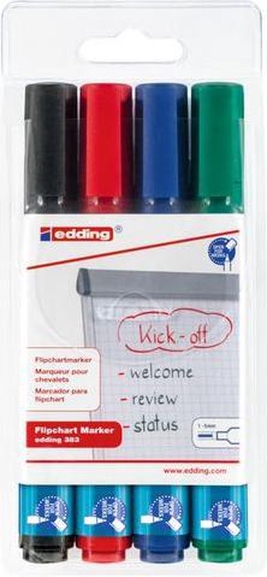 edding 383 flipover marker - bijtelpunt 1-5 mm - set van 4 - Zwart/Blauw/Rood/Groen