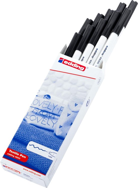 Edding 4600 textielstift set van 10 - ronde punt 1 mm - wasmachinebestendig - Zwart