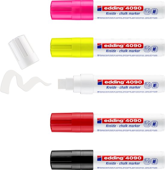 Edding 4090 krijtmarker set van 5 - beitelvormige punt 4-15 mm - afwasbaar - diverse kleuren