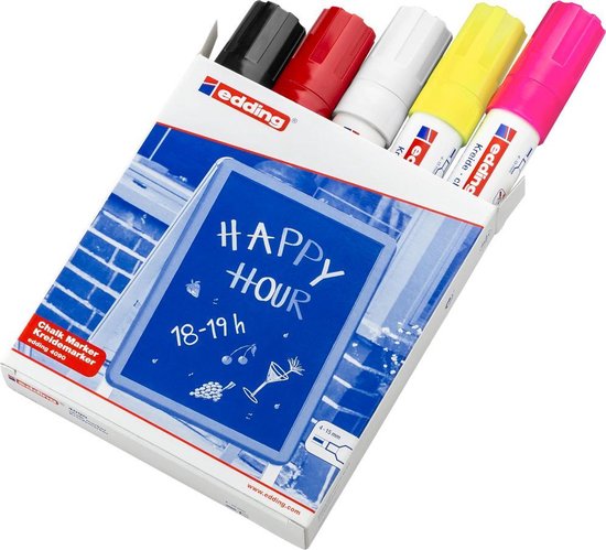 Edding 4090 krijtmarker set van 5 - beitelvormige punt 4-15 mm - afwasbaar - diverse kleuren