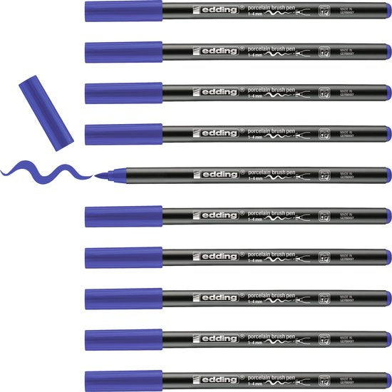 Edding 4200 porseleinstift set van 10 - penseelpunt 1-4 mm - vaatwasmachinebestendig - Blauw