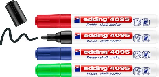 Edding 4095 krijtstiften set van 4 - ronde punt 2-3 mm - zwart, rood, blauw, groen