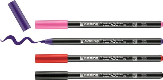 Edding 4200 porselein stiften set van 4 - penseelpunt 1-4 mm - Zwart, rood, violet, roze