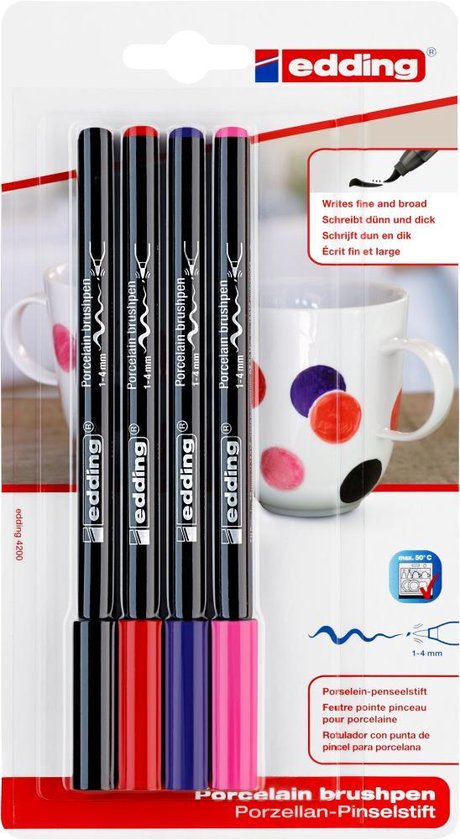Edding 4200 porselein stiften set van 4 - penseelpunt 1-4 mm - Zwart, rood, violet, roze