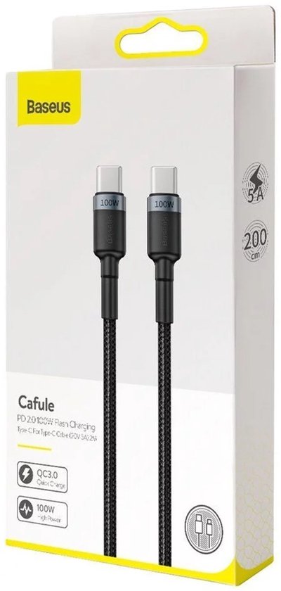 Baseus Cafule USB C Kabel naar USB C 2 meter zwart grijs - 5A - 100W - PD2.0 Power Delivery - QC3.0 Quick Charge - gewoven - velcro bandje