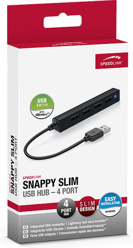 Speedlink Snappy Slim USB hub - USB-A naar 4x USB 2.0 - compact - Zwart