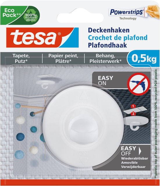 Tesa plafondhaak - behang en pleisterwerk tot 0,5 kg - spoorloos verwijderbaar