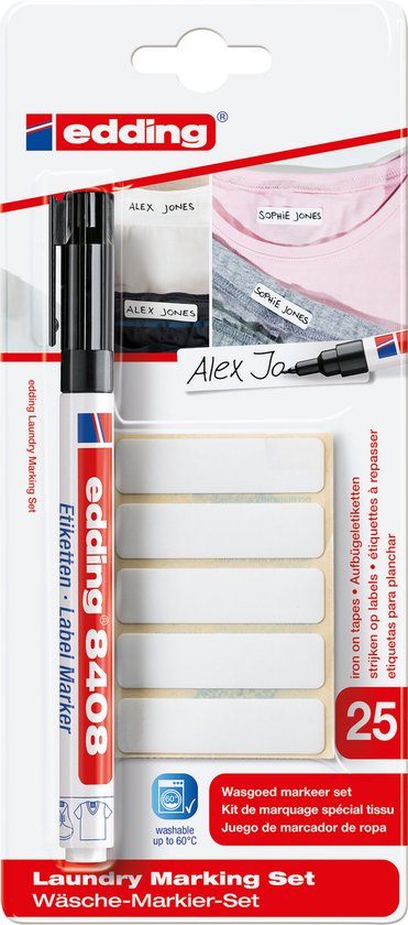 Edding 8408 wasgoed markeer set - permanent pen + 25 strijkbare naamlabels - 60°C wasbestendig