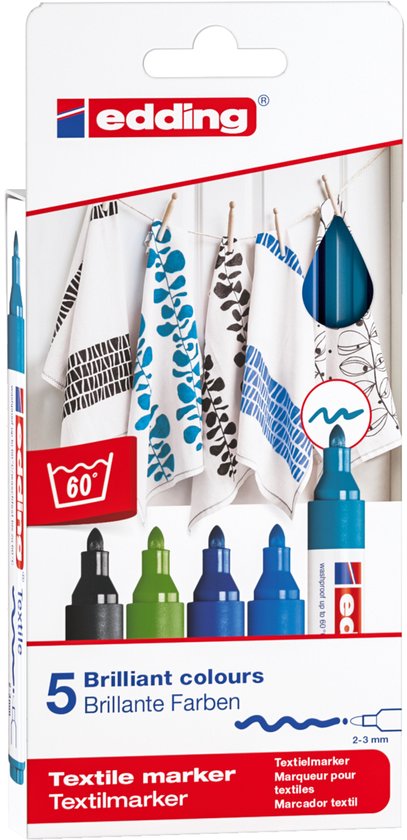 Edding 4500 textielstift set van 5 - ronde punt 2-3 mm - Zwart, blauw, lichtblauw, lichtgroen, oriëntblauw
