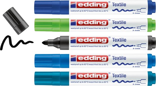 Edding 4500 textielstift set van 5 - ronde punt 2-3 mm - Zwart, blauw, lichtblauw, lichtgroen, oriëntblauw