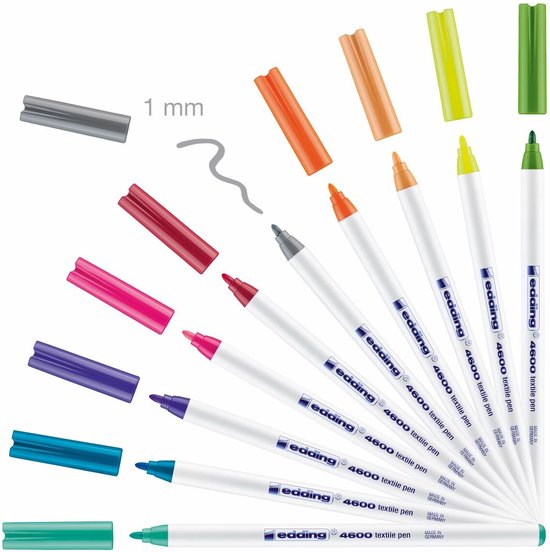 edding 4600 textielstift set van 10 - ronde punt 1 mm - wasmachinebestendig 60 °C - Assorti funkleuren