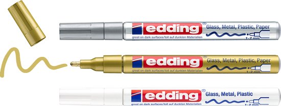 Edding 751/3S lakmarker set van 3 - metallic assorti - 1-2 mm - Wit/goud/zilver