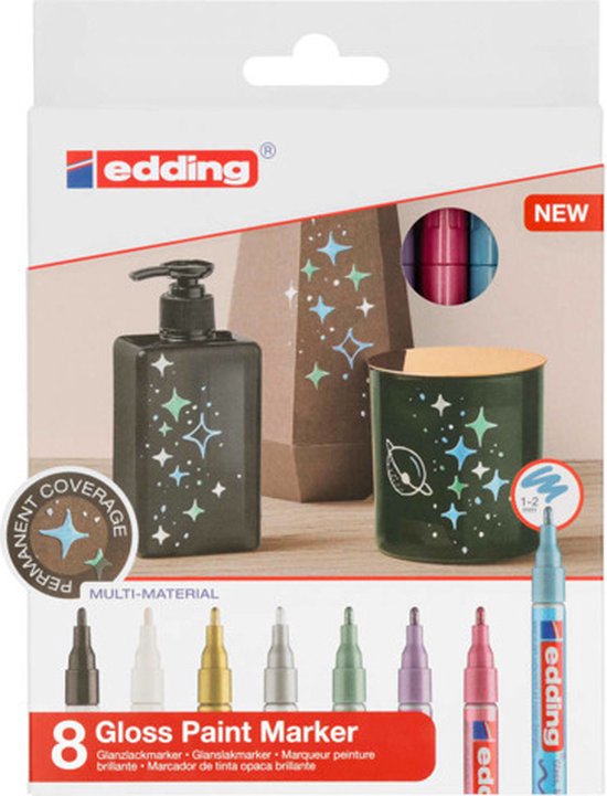 Edding 751/8 S glanslakmarker set van 8 - ronde punt 1-2 mm - feestelijke en metallic kleuren