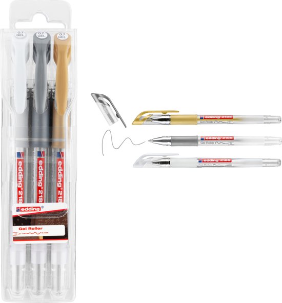 Edding 2185 gelroller set van 3 - 0,7 mm punt - waterbasis - Wit Goud Zilver