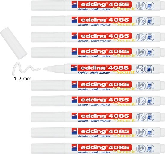 Edding 4085 krijtmarker - set van 10 - ronde punt 1-2 mm - afwasbaar glas & ramen - Wit