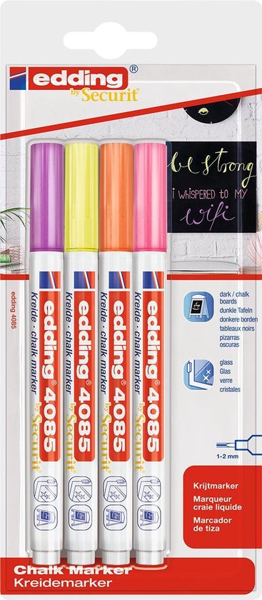 Edding 4085 krijtmarker set van 4 - ronde punt 1-2 mm - roze, paars, oranje, geel