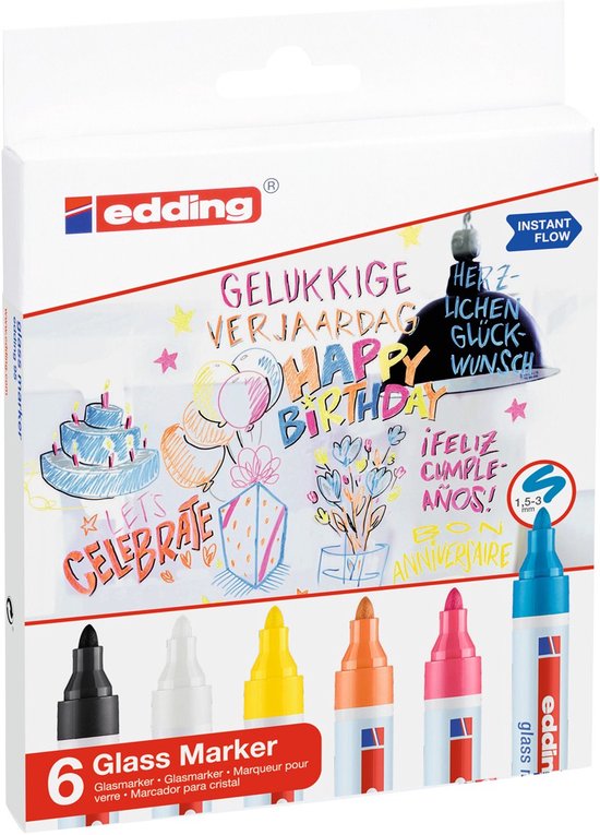 Edding 95/6 S glasmarker set van 6 - 1,5-3 mm - assorti kleuren