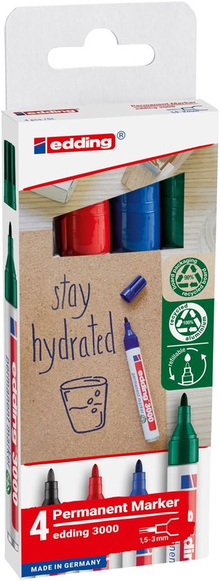 Edding 3000 permanent marker set van 4 - ronde punt 1,5-3 mm - zwart, rood, blauw, groen