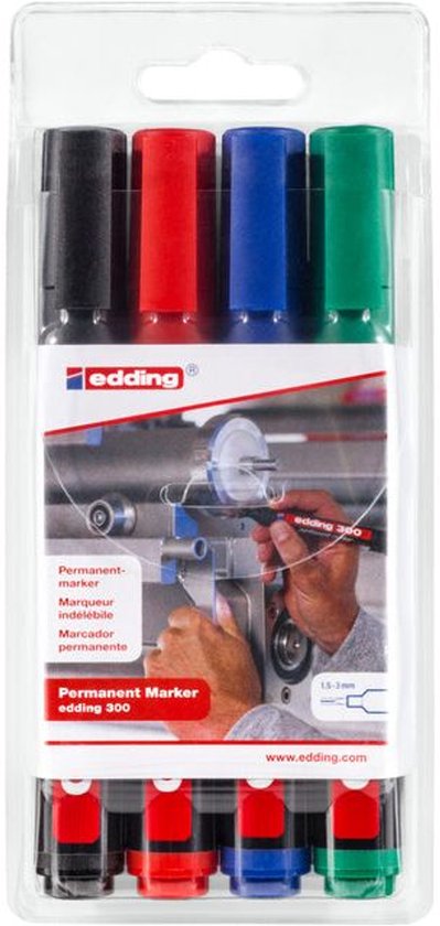 Edding 300 permanent marker set van 4 - ronde punt 1,5-3 mm - Zwart, rood, blauw, groen