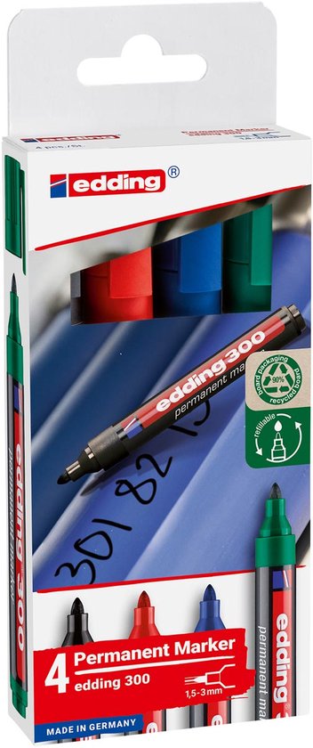 Edding 300 permanent marker set van 4 - ronde punt 1,5-3 mm - Zwart, rood, blauw, groen