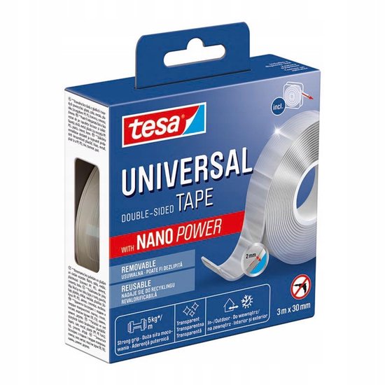 Tesa Nano Power dubbelzijdige montagetape - sterk & herbruikbaar - 3 m × 30 mm