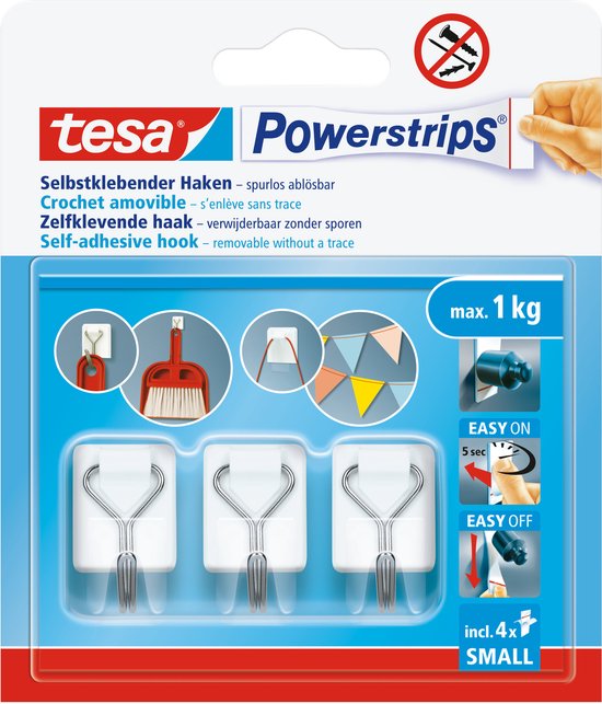 tesa Powerstrips draadhaken small - afneembaar zonder boren - 3 haken en 4 strips - Wit
