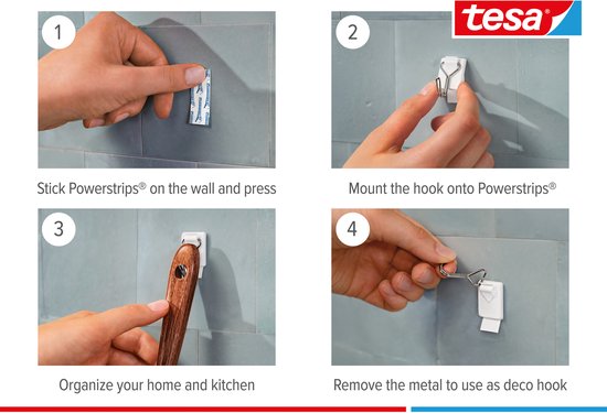 tesa Powerstrips draadhaken small - afneembaar zonder boren - 3 haken en 4 strips - Wit