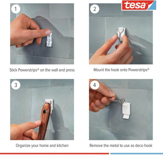 tesa Powerstrips draadhaken small - afneembaar zonder boren - 3 haken en 4 strips - Wit